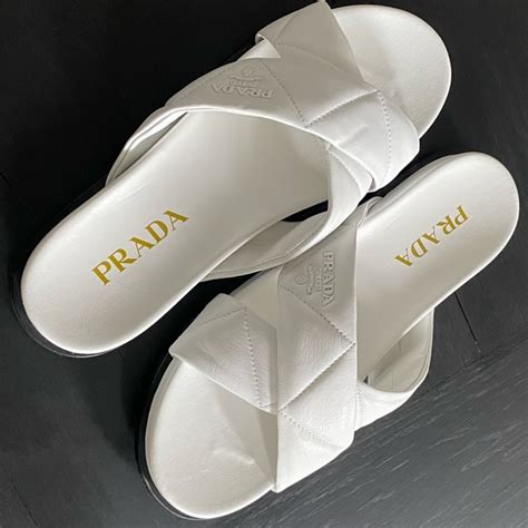 prada logo cross strap slide sandal|prada slide sandals kitten heel.